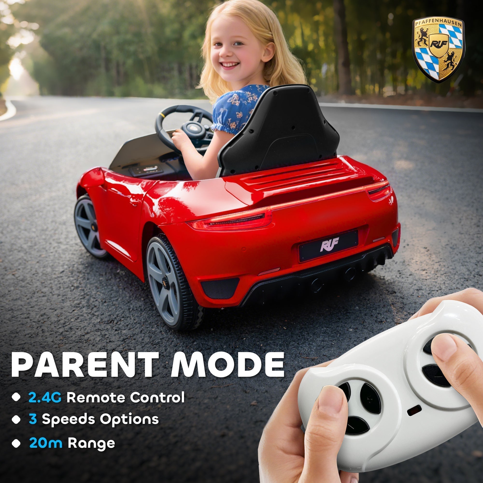 AIYAPLAY Kids Electric Car, 12V Licensed RUF GT Ride on Car with Suspension, Remote Control, Music, for 3-5 Years, Red