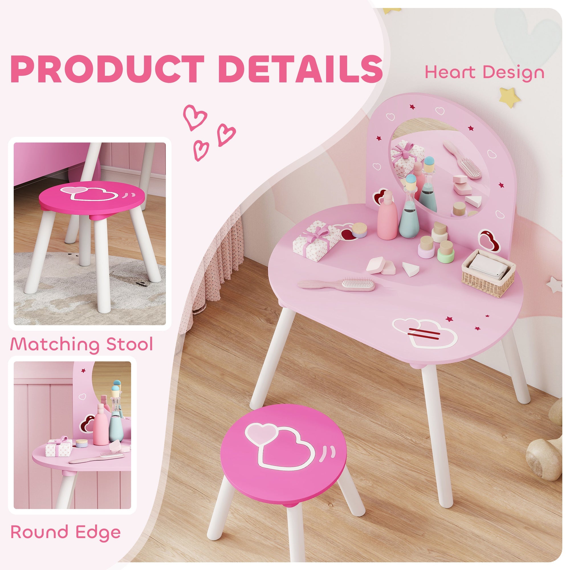 AIYAPLAY Kids Dressing Table with Mirror and Stool, Girls Vanity Set for Kids Room, Bedroom, Nursery, for Ages 3â€“6 Years, Pink