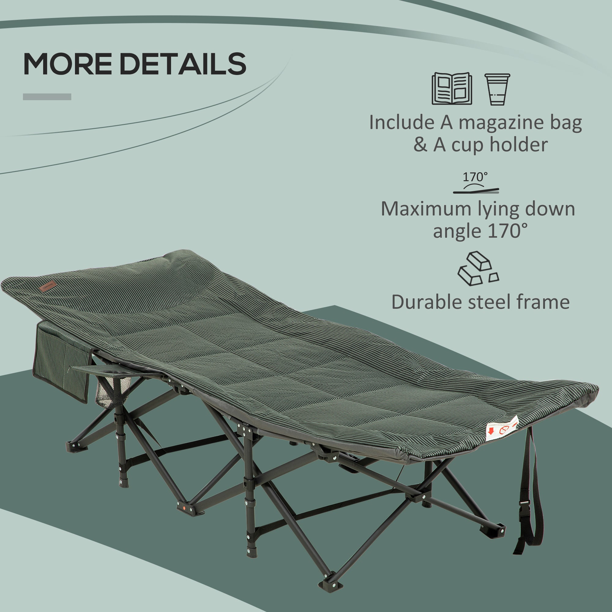 Outsunny Foldable Camp Bed, Padded Patio Camping Bed with Carry Bag, Magazine Bag and Cup Holder for Outdoor, Garden, Grey