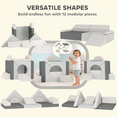AIYAPLAY Kids Play Sofa, 12 Pieces Foam Modular Soft Play Set for Playroom, Children Convertible Sofa for Boys and Girls, Grey