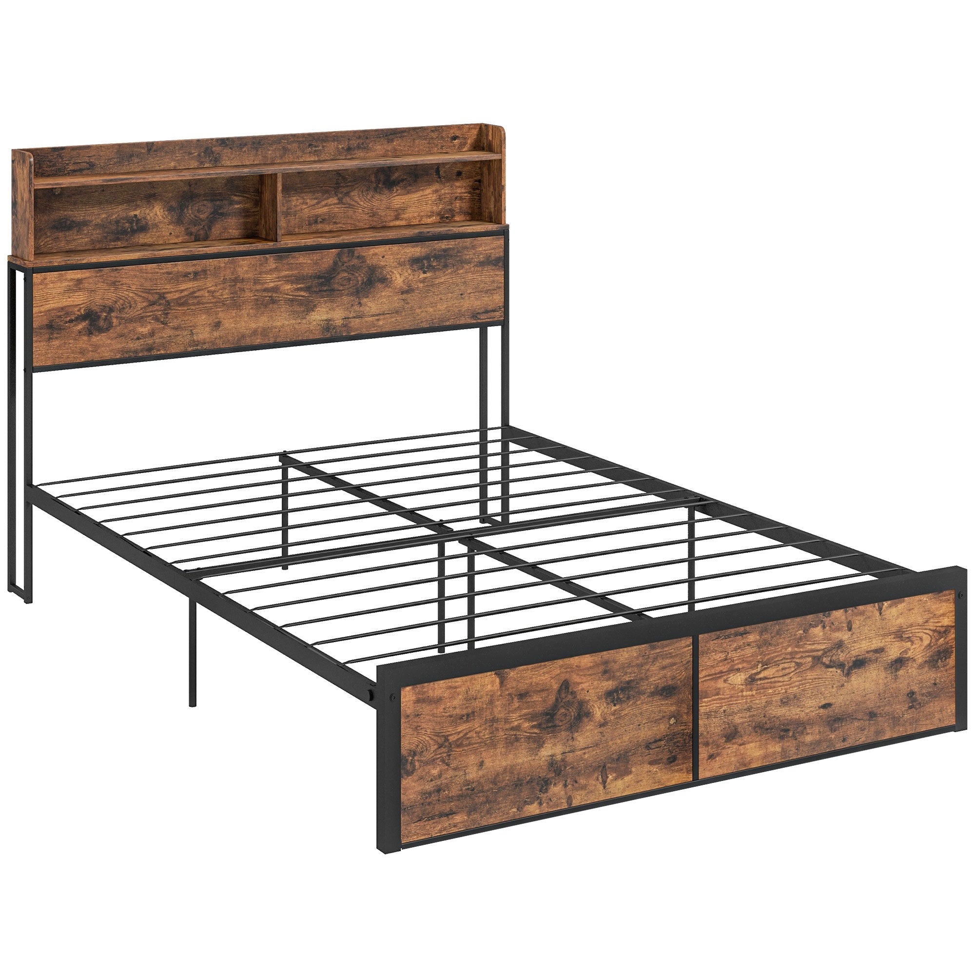 HOMCOM Industrial Double Bed Frame, 4.6FT Steel Bed Base with Storage Headboard, Footboard, Slatted Support and Under Bed Storage, 141 x 207cm, Rustic Brown