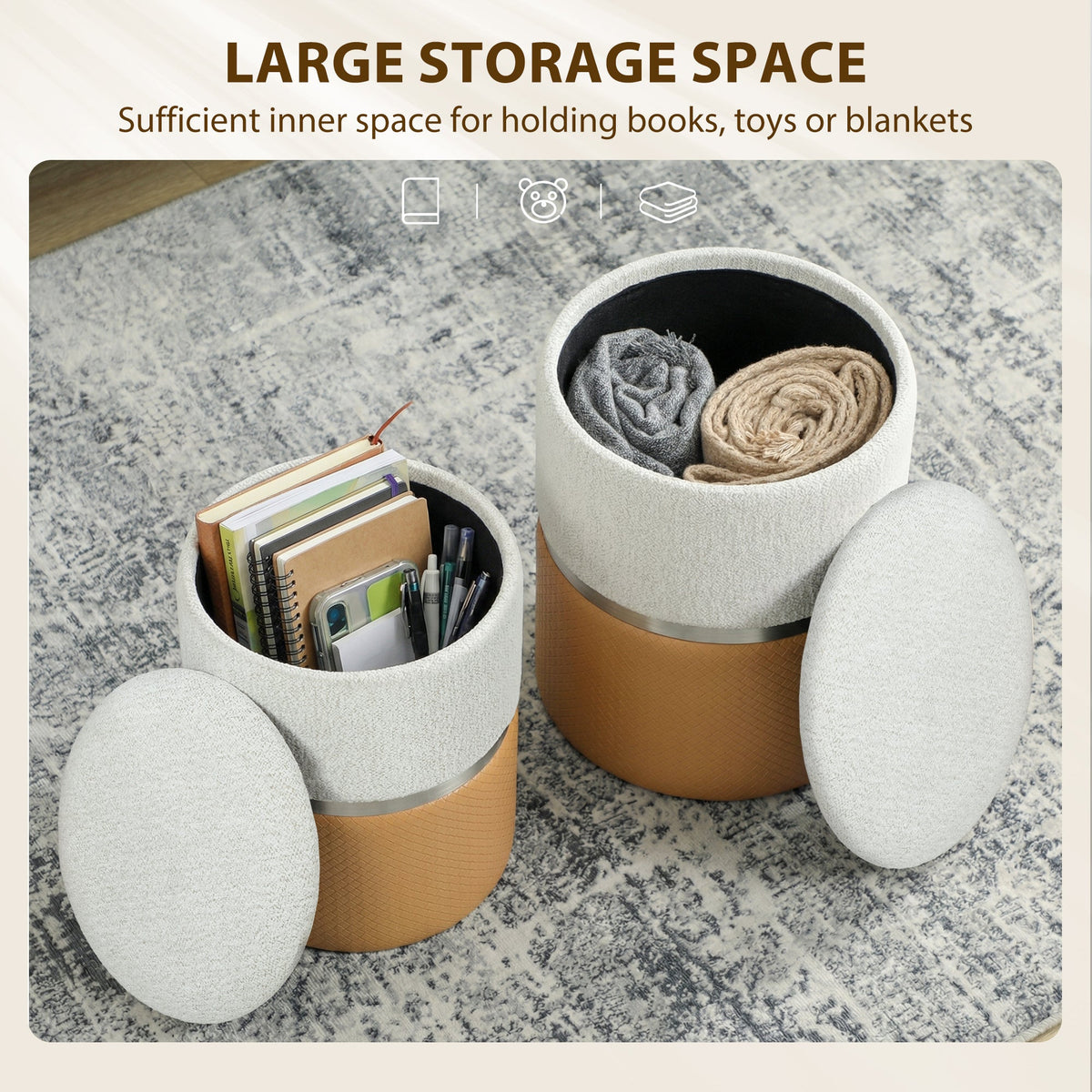 HOMCOM Nesting Round Ottoman with Storage Set of 2 - Cream/Brown