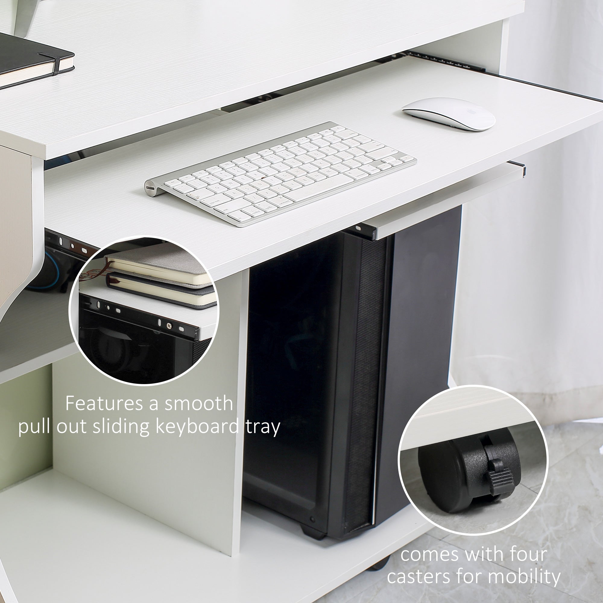 HOMCOM Multi-Storage Compact Work Desk, with Wheels - White