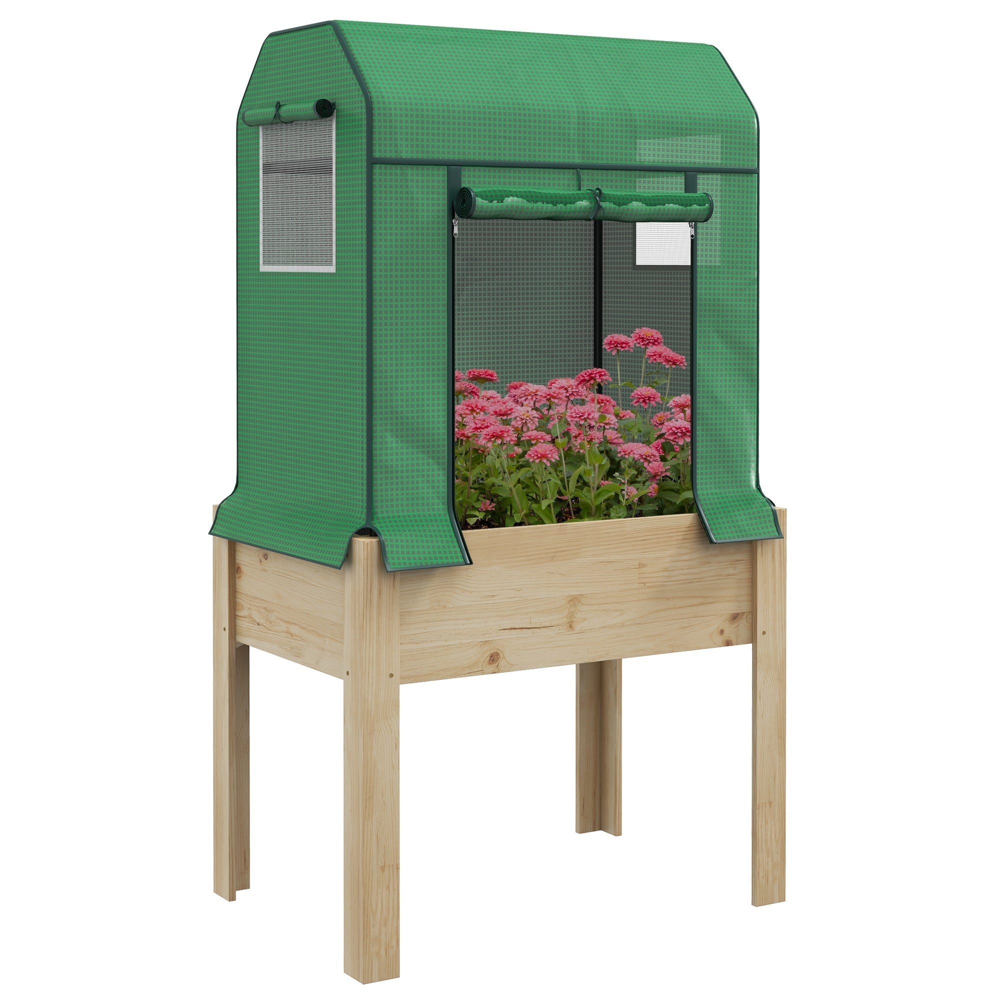 Outsunny Wooden Planter Box with PE Greenhouse Cover and Bed Liner, Raised Garden Bed for Vegetables, Flowers, Herbs