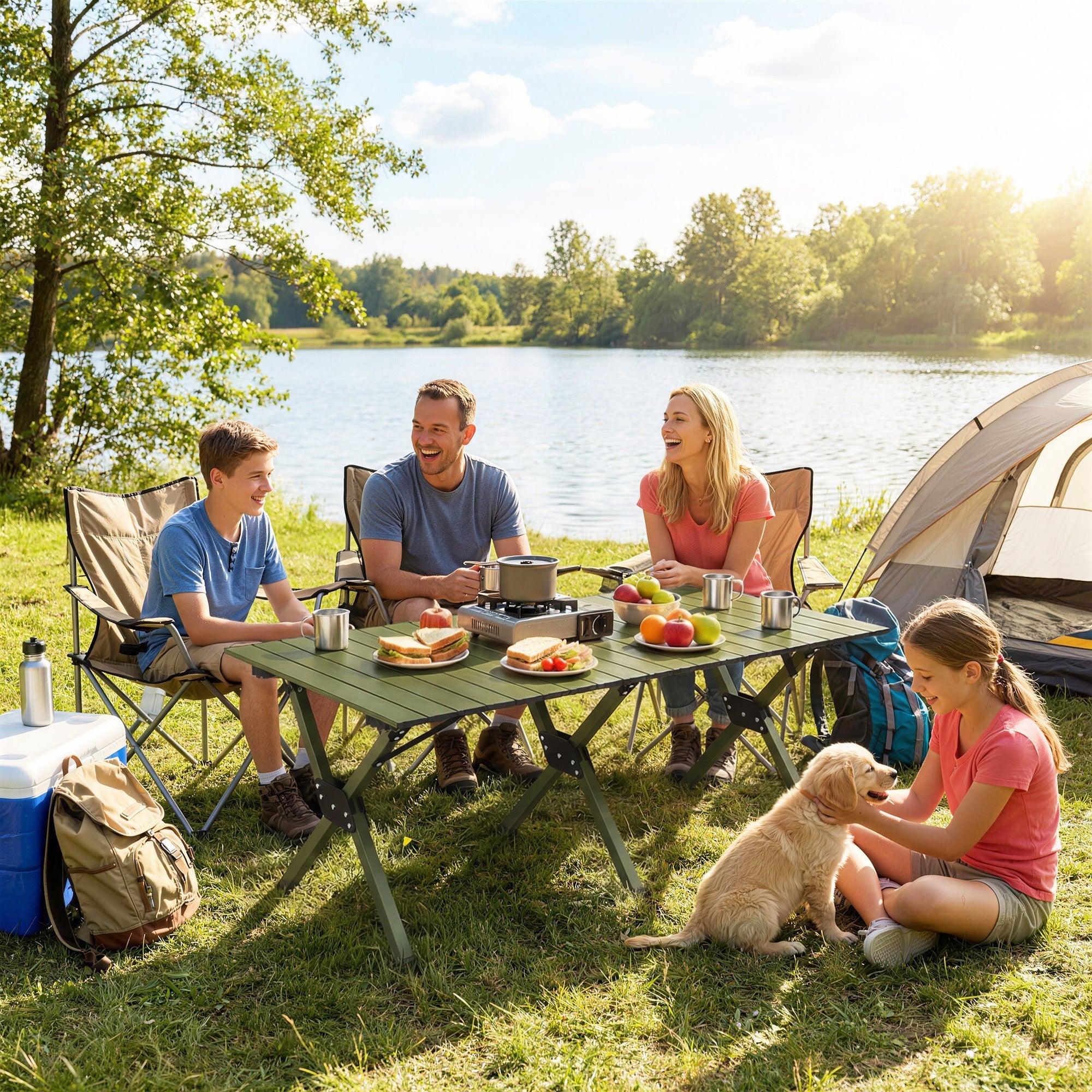 Outsunny 4ft Folding Camping Table, Waterproof Picnic Table with Roll Up Top and Metal Frame, Green