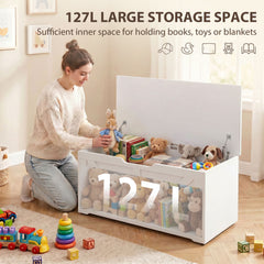 HOMCOM 127L Home Storage Box, with Safety Hinges - White Wood-Effect