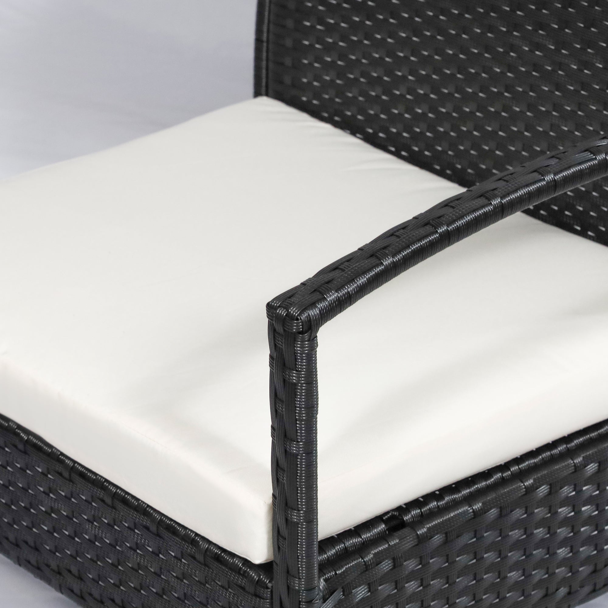 Outsunny 4 Pieces Rattan Garden Furniture Set, 4 Seater Garden Sofa Set with Loveseat, Armchairs and Glass Top Table, Wicker Conservatory Furniture with Cushions for Patio, Balcony, Black