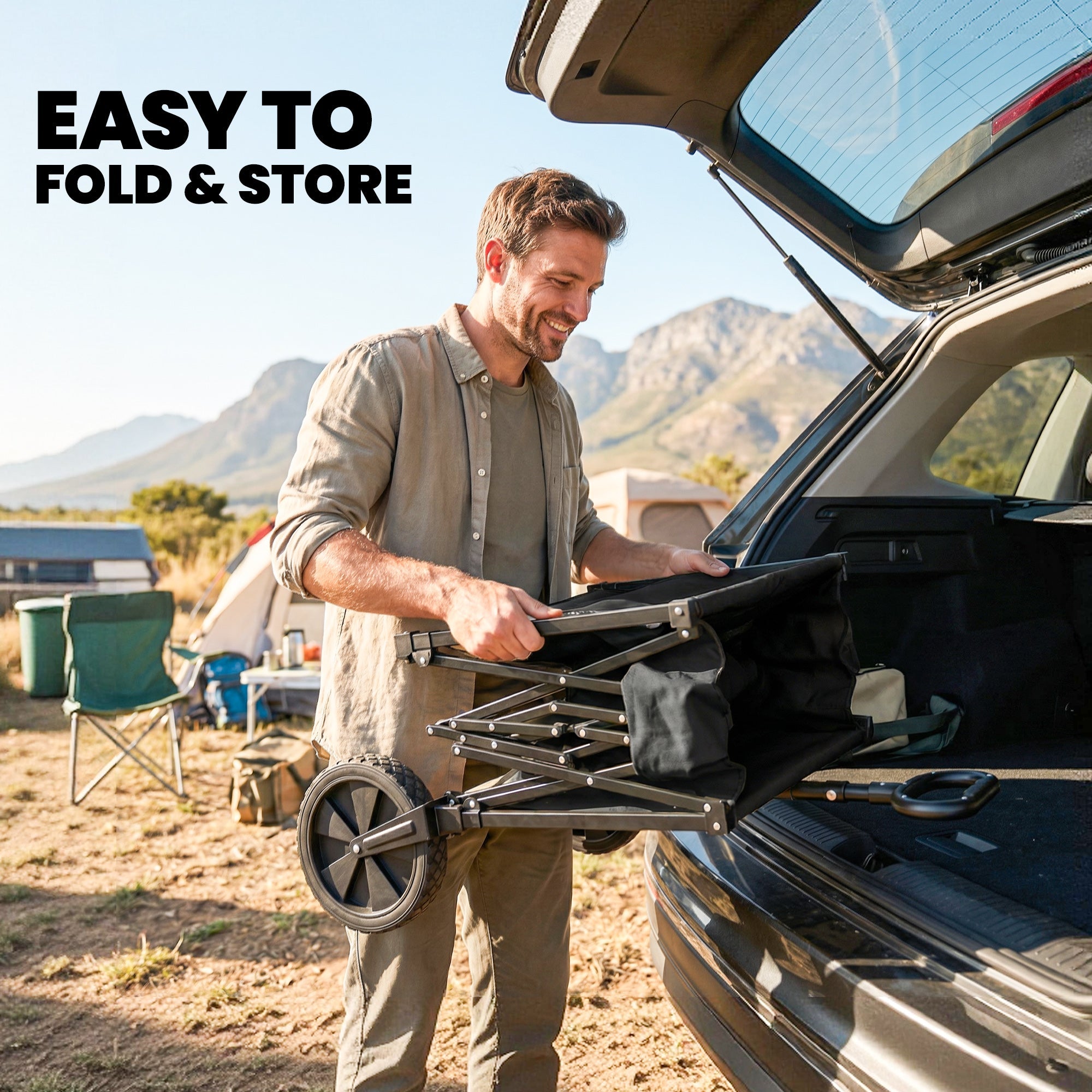 Outsunny 95L Foldable Festival Trolley on Wheels, Collapsible Wagon Cart with Adjustable Handle and 2 Cup Holders, Black