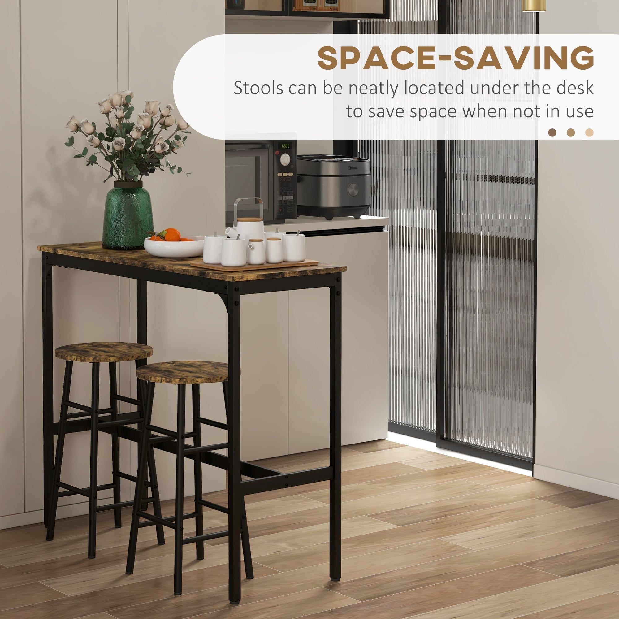 HOMCOM 3 Piece Bar Table Set with 2 Stools, Industrial Bar Table and Stool Set, Dining Table and Chair Set, Rustic Brown