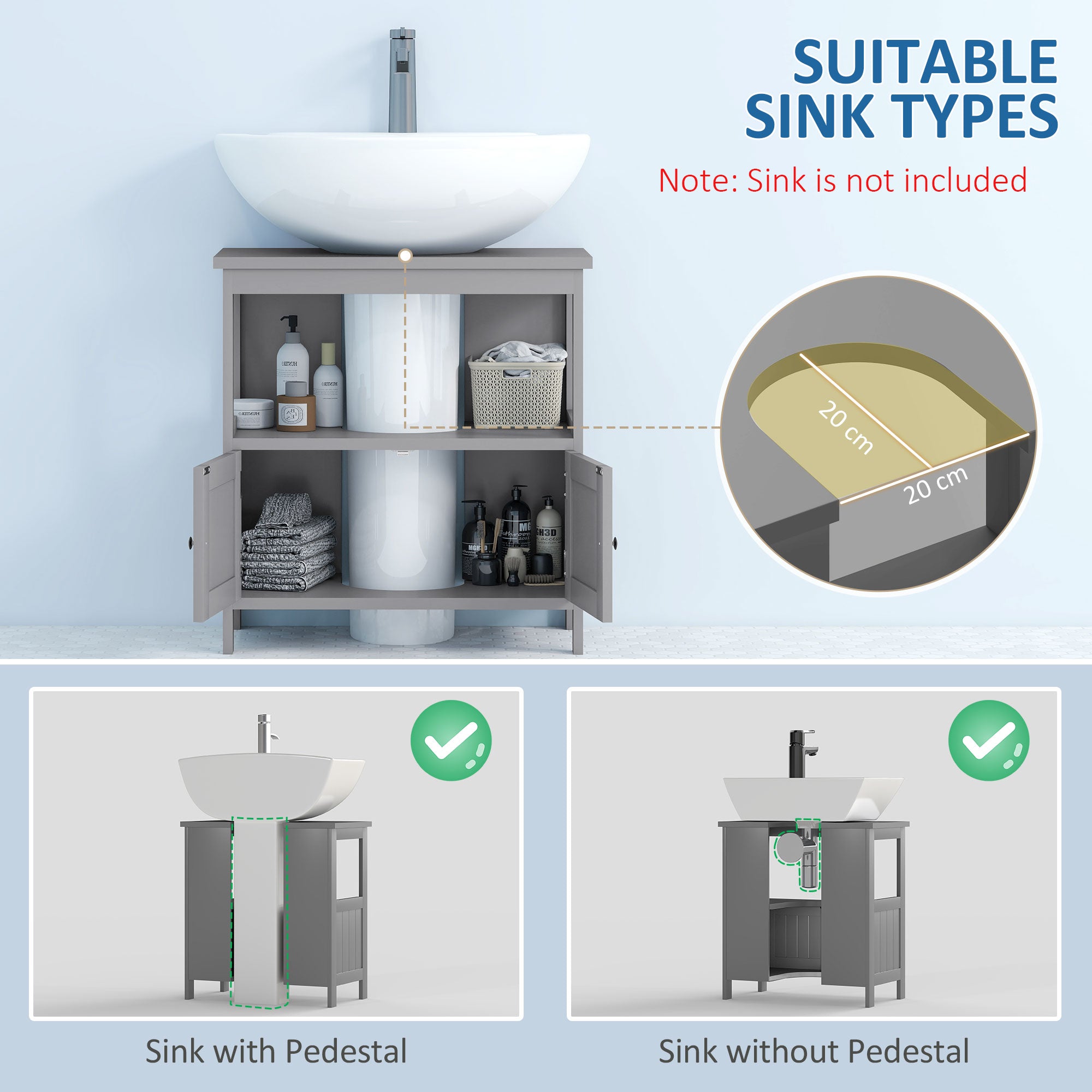 kleankin Pedestal Under Sink Cabinet with Double Doors, Modern Bathroom Vanity Storage Unit with Shelves, Light Grey