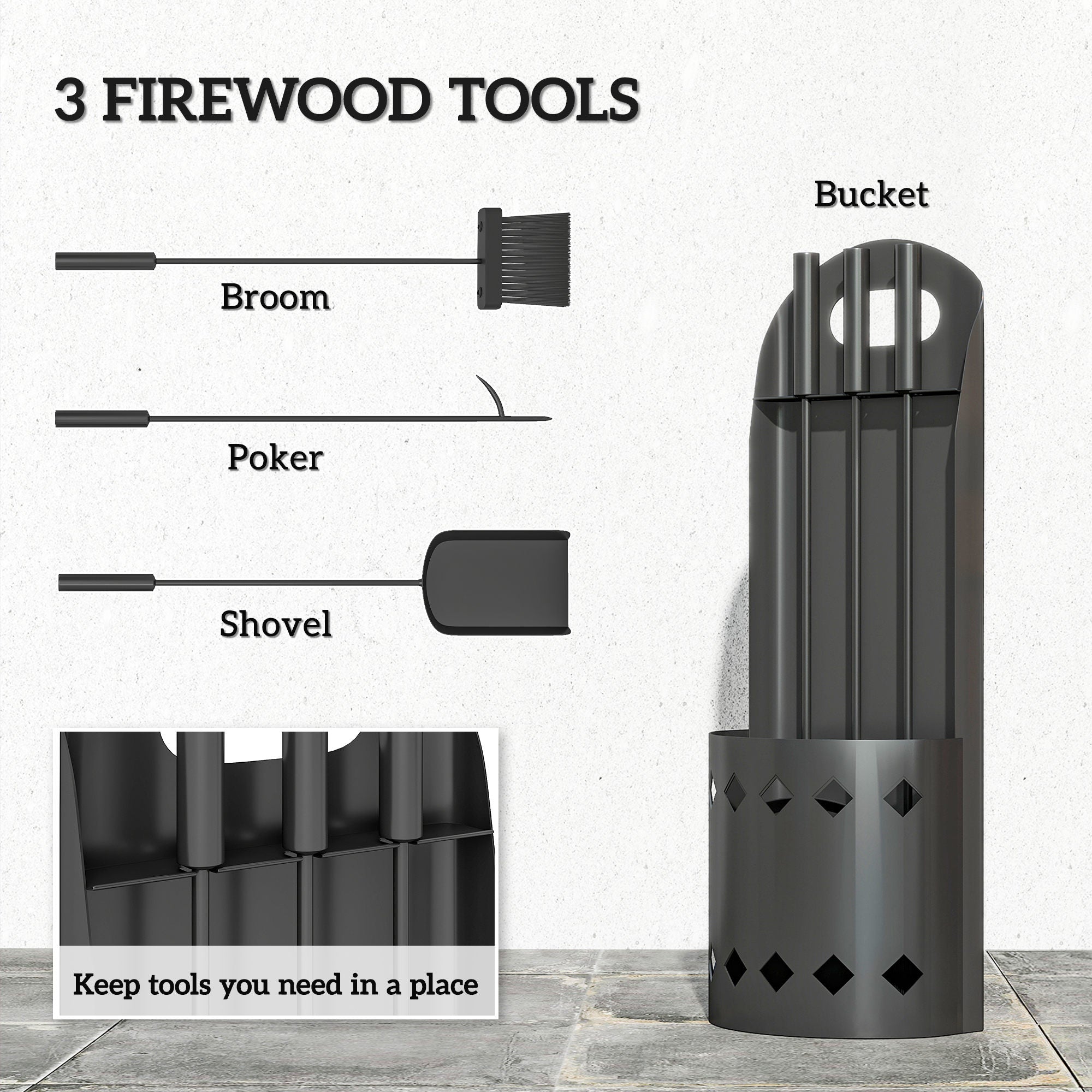 Outsunny 4 Pieces Fireplace Companion Set, Metal Fireplace Accessories Fireside Companion Set with Broom, Shovel, Poker, Bucket, Black