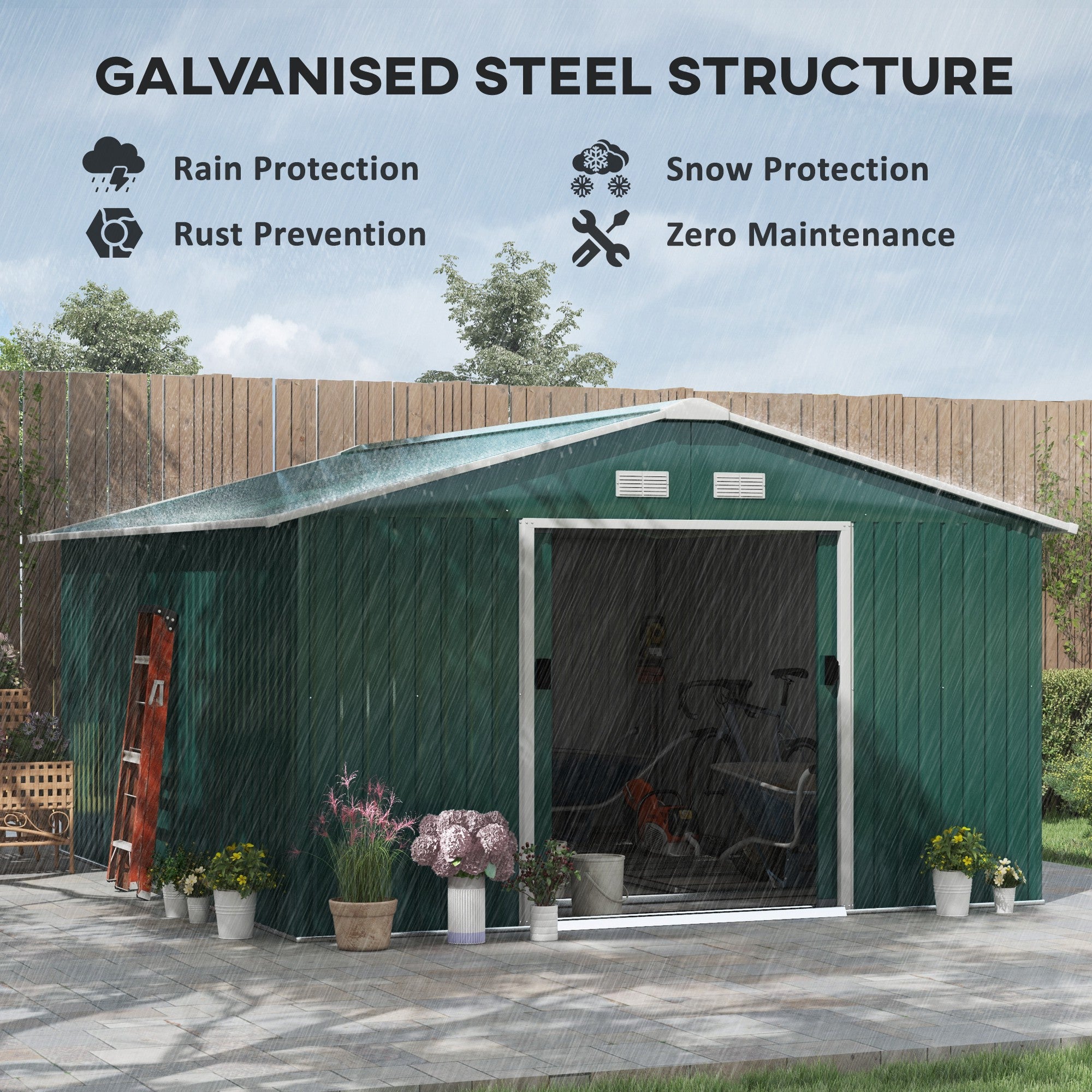 Outsunny 12.5 x 11.1ft Steel Sliding Door Storage Shed - Green