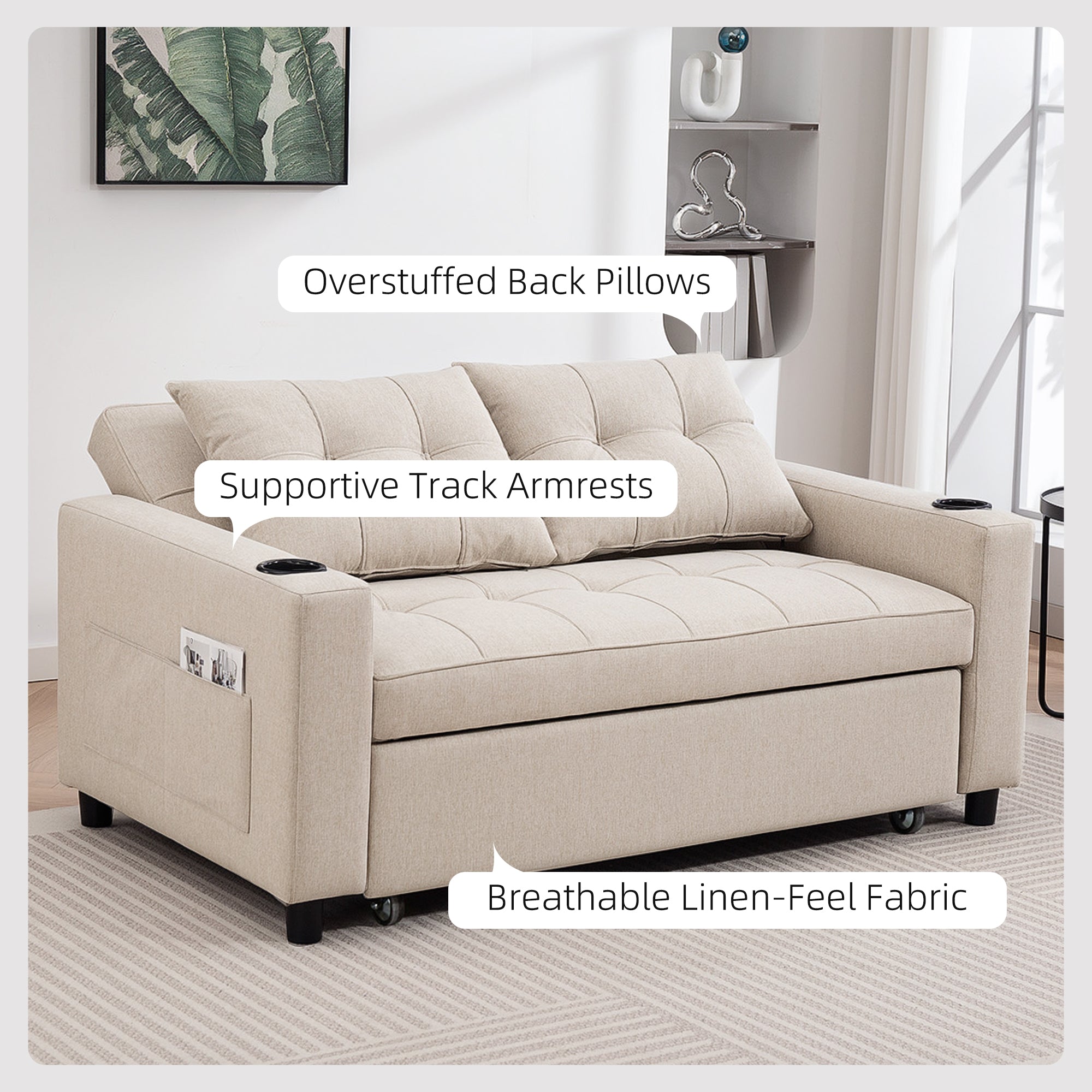 HOMCOM Two-Seater Pull-Out Sofa Bed - Beige