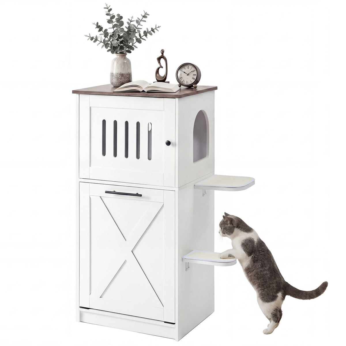 115 cm Modern Hidden Cat House Cabinet with 2 Scratching Pads and Flip-Down Storage Cabinet-White
