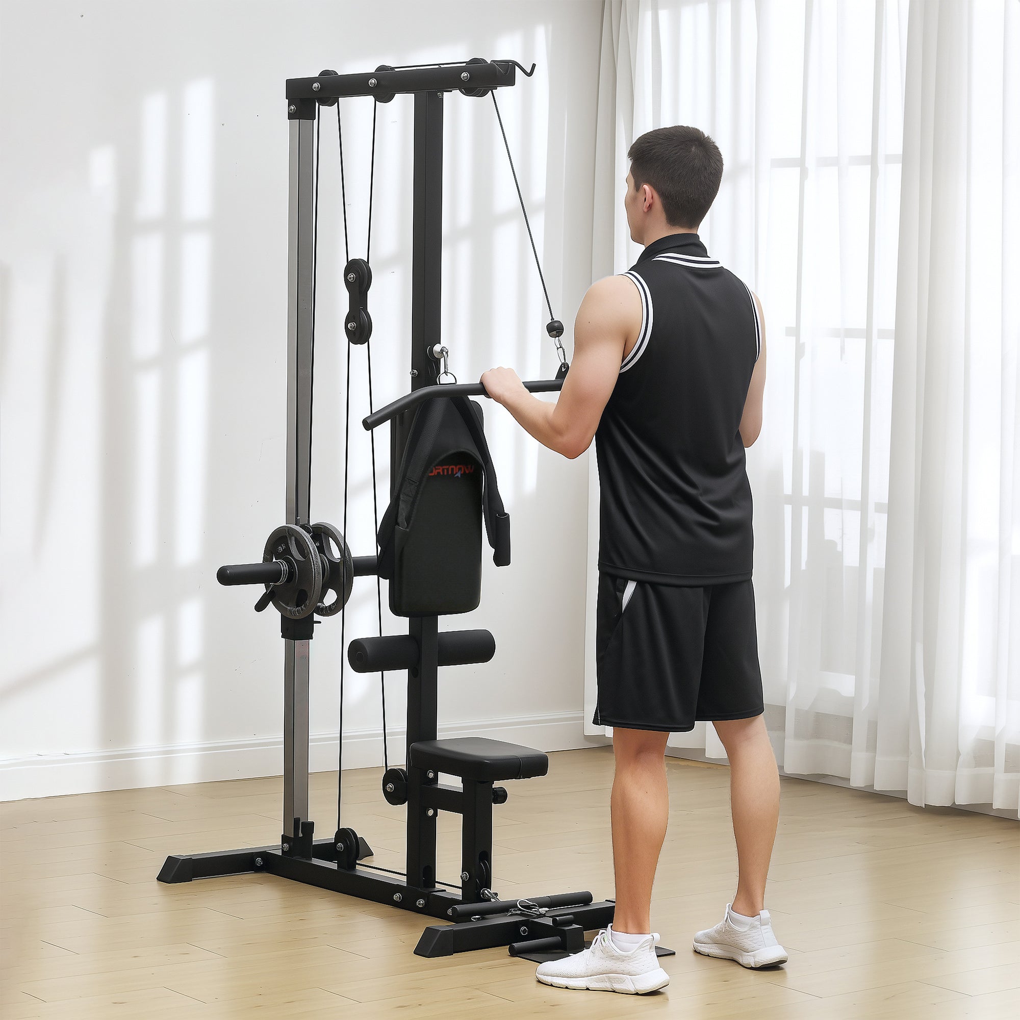 SPORTNOW Pull Up Station, Power Cage with Adjustable Seat, for Home Gym - Black