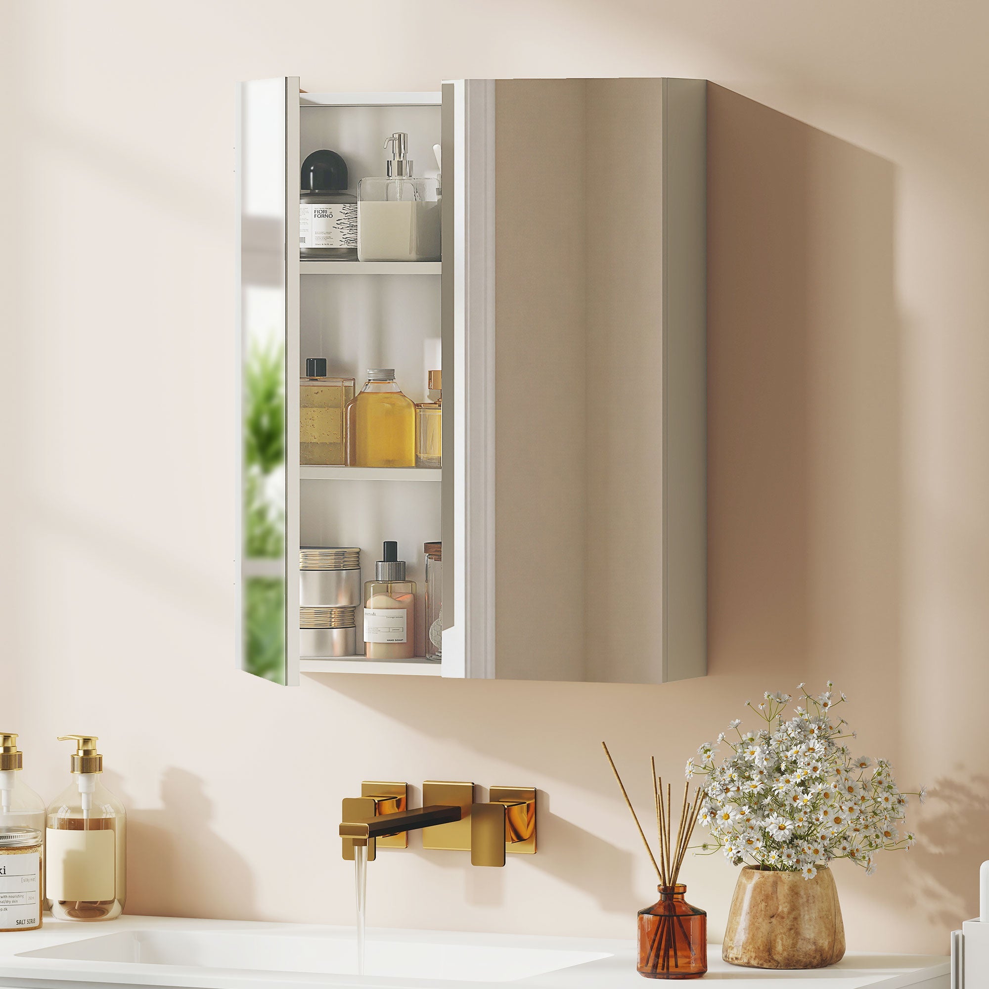 HOMCOM Wall Mounted Bathroom Mirror Storage Cabinet w/ Door Adjustable Shelf, White