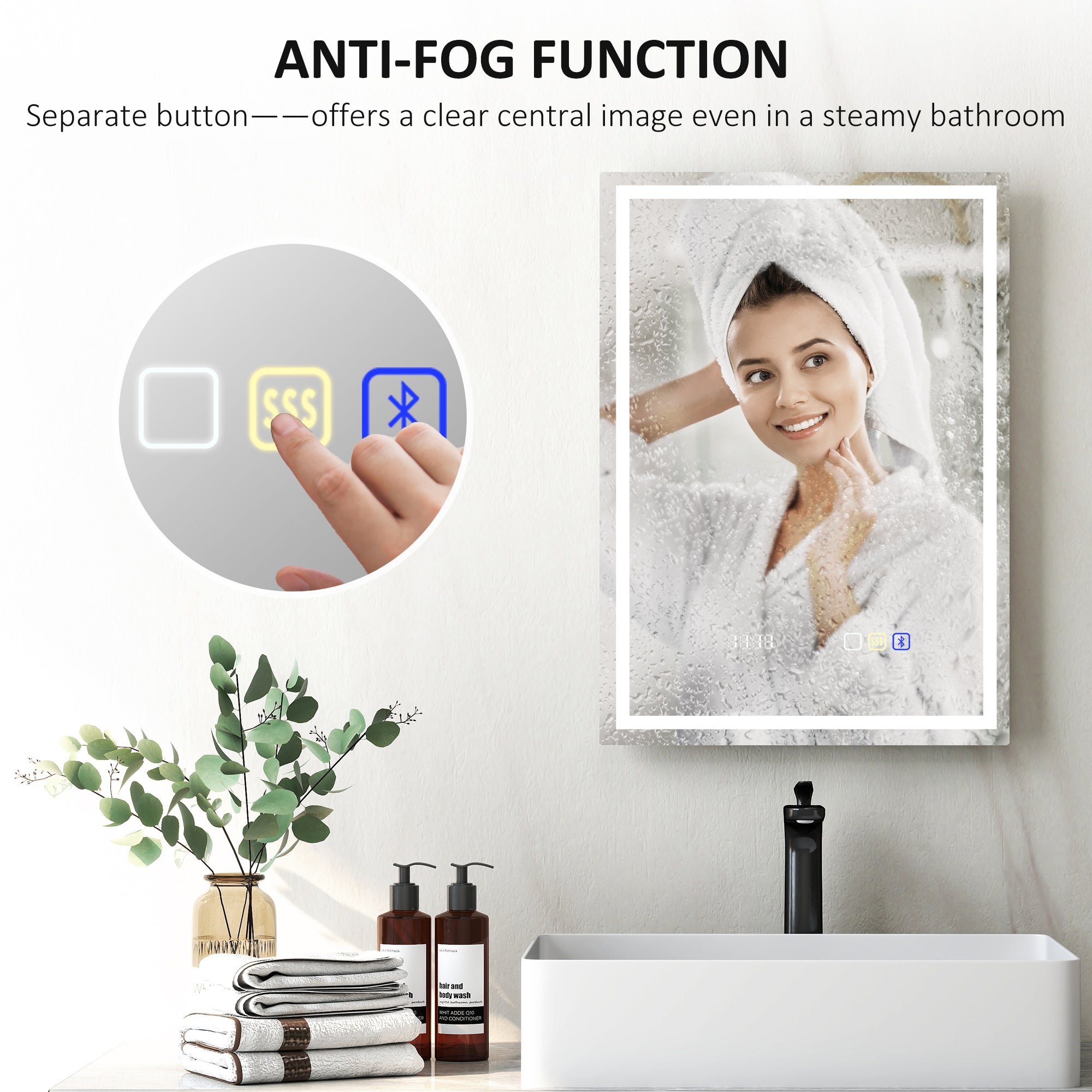HOMCOM 50 x 70 cm Anti-Fog LED Bathroom Mirror, with Bluetooth and Clock - Silver Tone