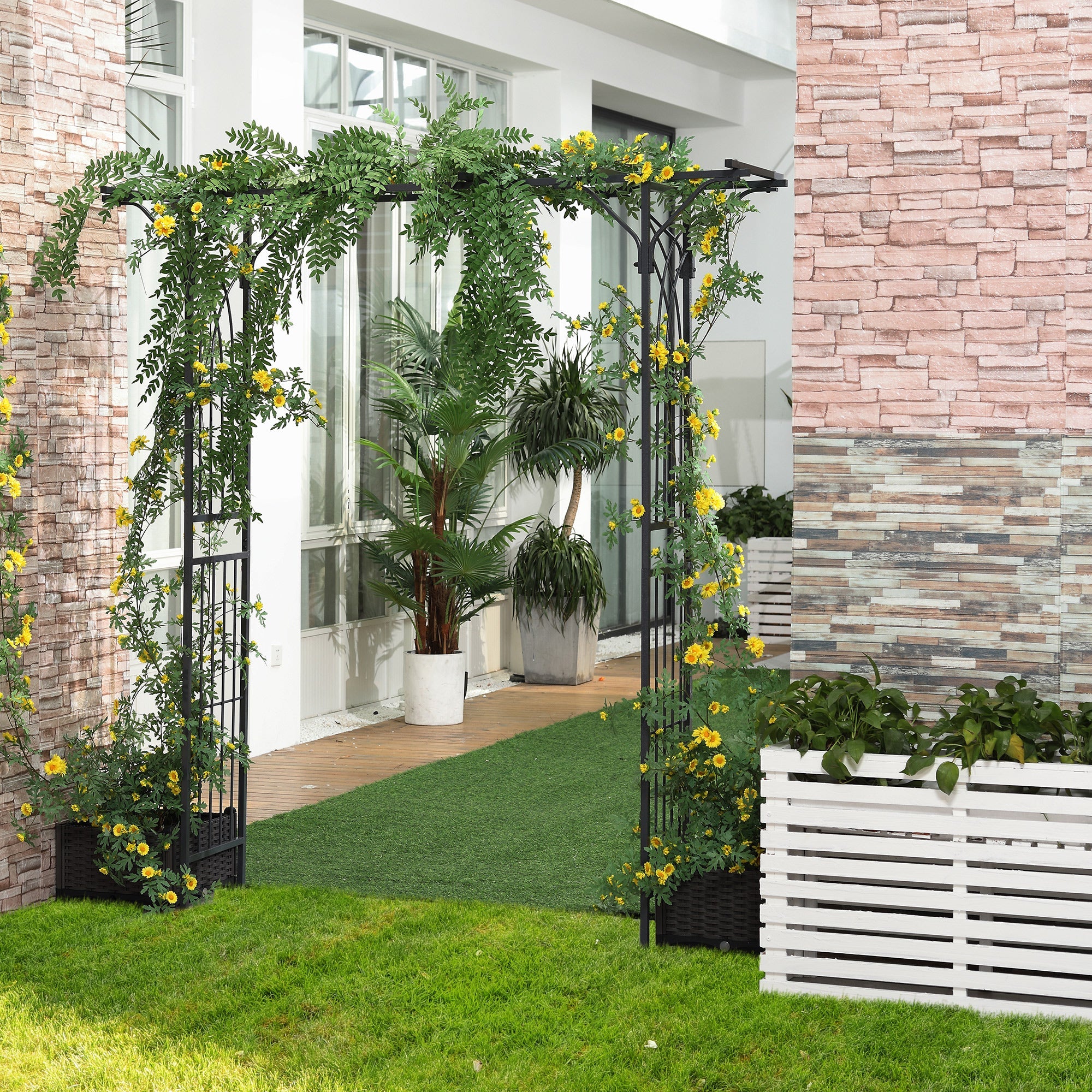 Outsunny 210cm Decorative Metal Garden Trellis Arch with Durable Steel Tubing & Elegant Scrollwork, Great for Weddings, Dark Gre