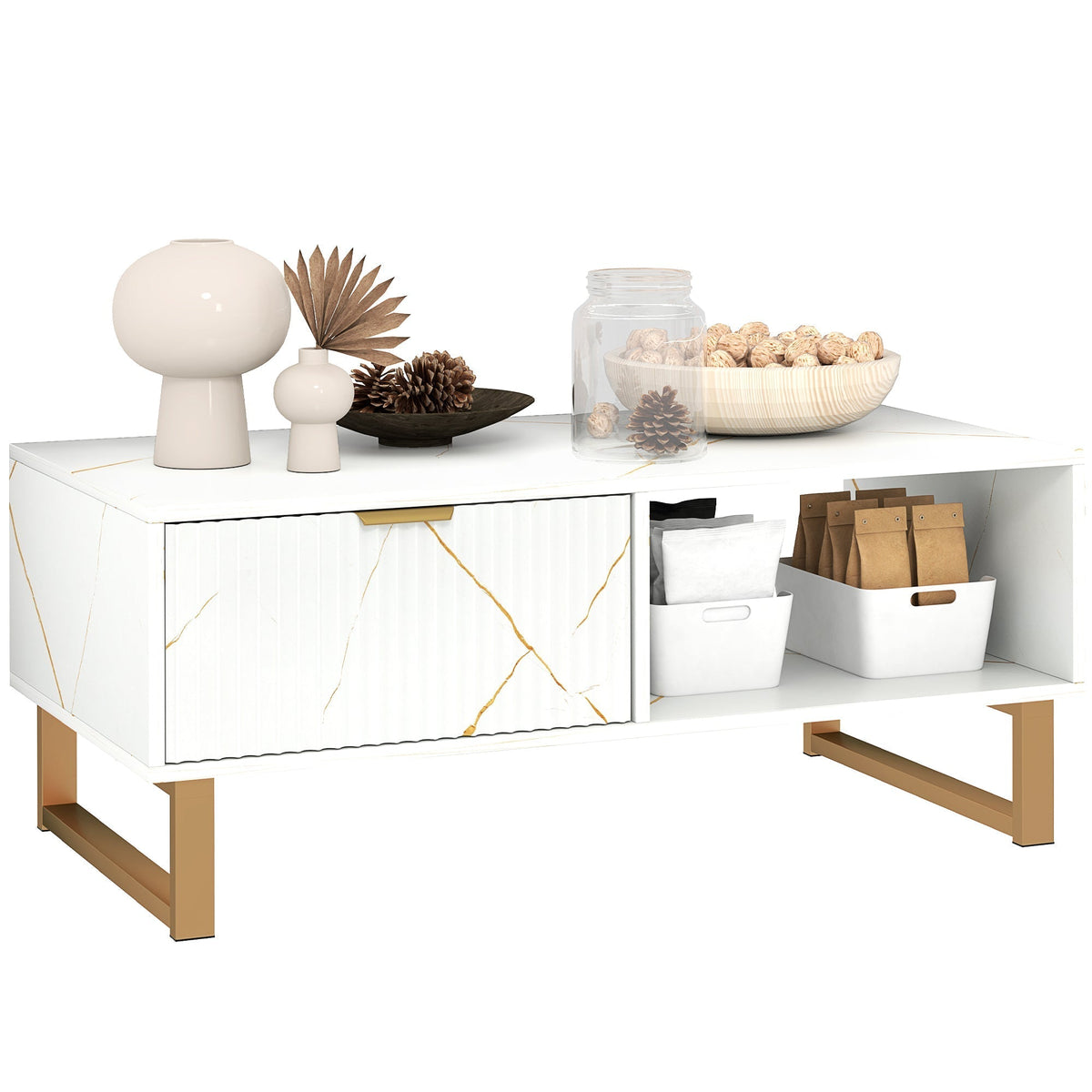 HOMCOM Elegant Marble Effect Storage Coffee Table - White
