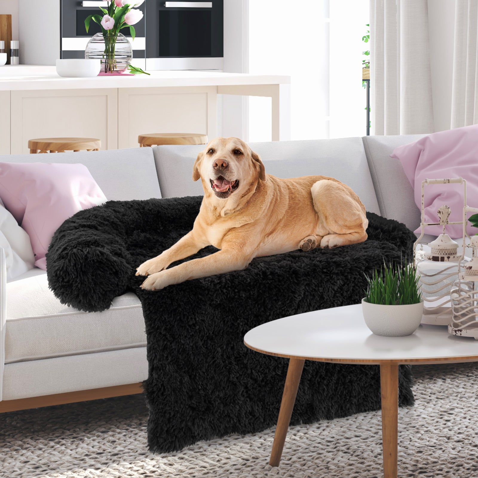 Fluffy Dog Mat Couch Cover Protector with Detachable Washable Cover and Anti-slip Bottom-Black-L