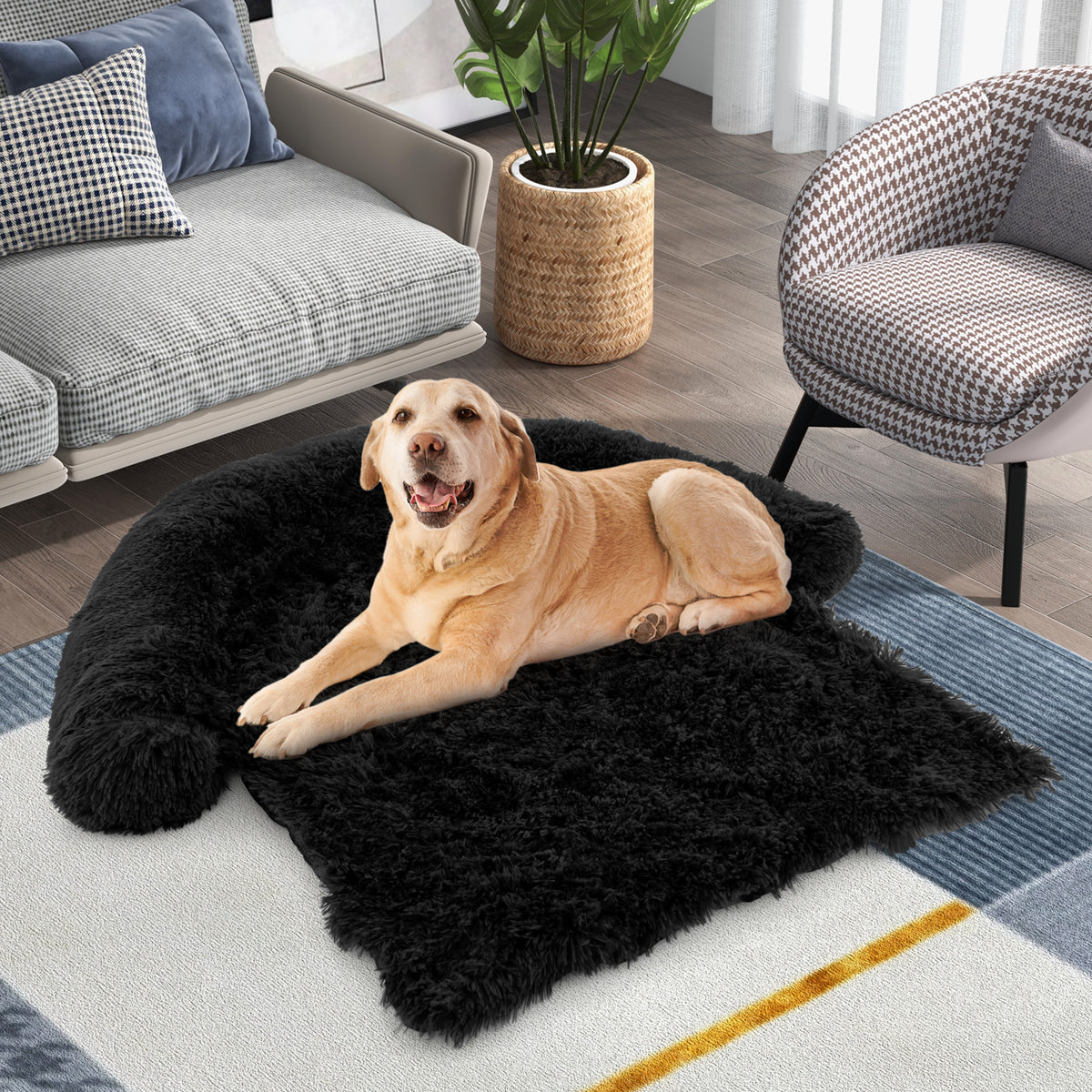 Fluffy Dog Mat Couch Cover Protector with Detachable Washable Cover and Anti-slip Bottom-Black-L