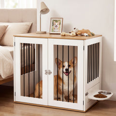 80 cm Indoor Wooden Dog Kennel with Double Lock Doors and 360° Rotating Feeder-White