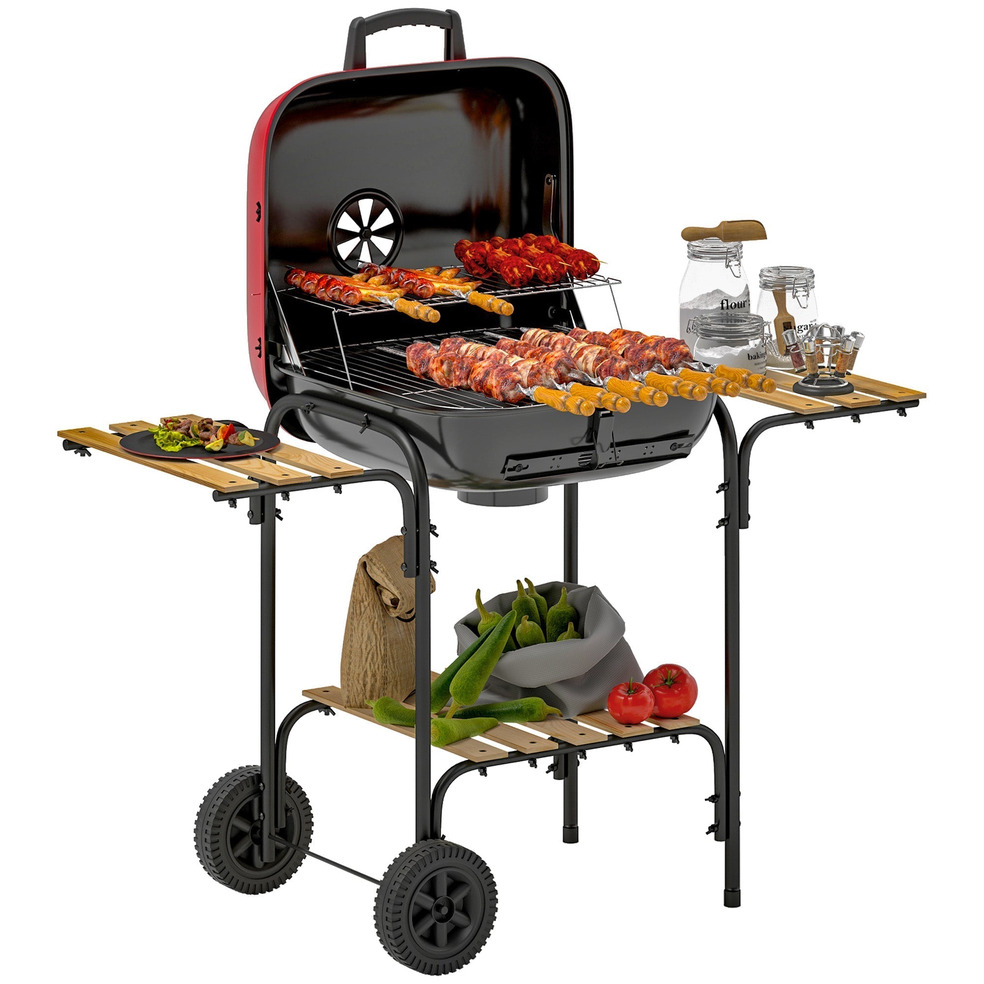 Outsunny Charcoal Barbecue Grill Portable BBQ Grill with 1840 cm√Ç¬≤ Cooking Area, 3 Shelves, Adjustable Vent, Lockable Lid, Wheels for Outdoor Cooking, Garden Party, Red