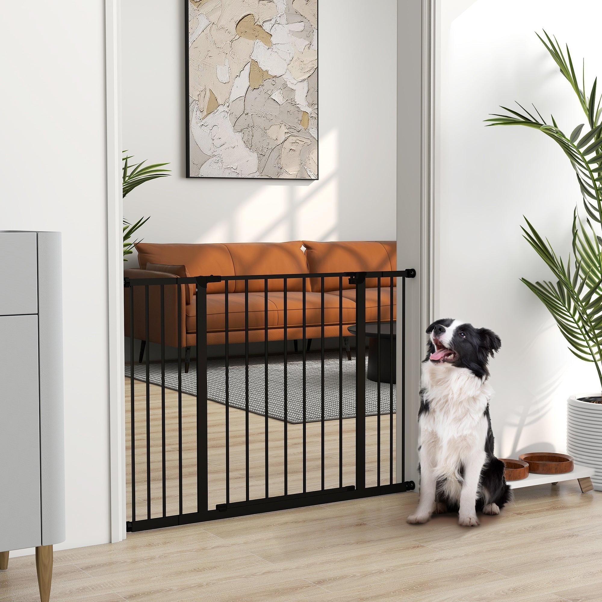PawHut Dog Gate Pet Safety Gate Stair Barrier Pressure Fit Adjustable 76-82/86-97/101-107 cm, Black