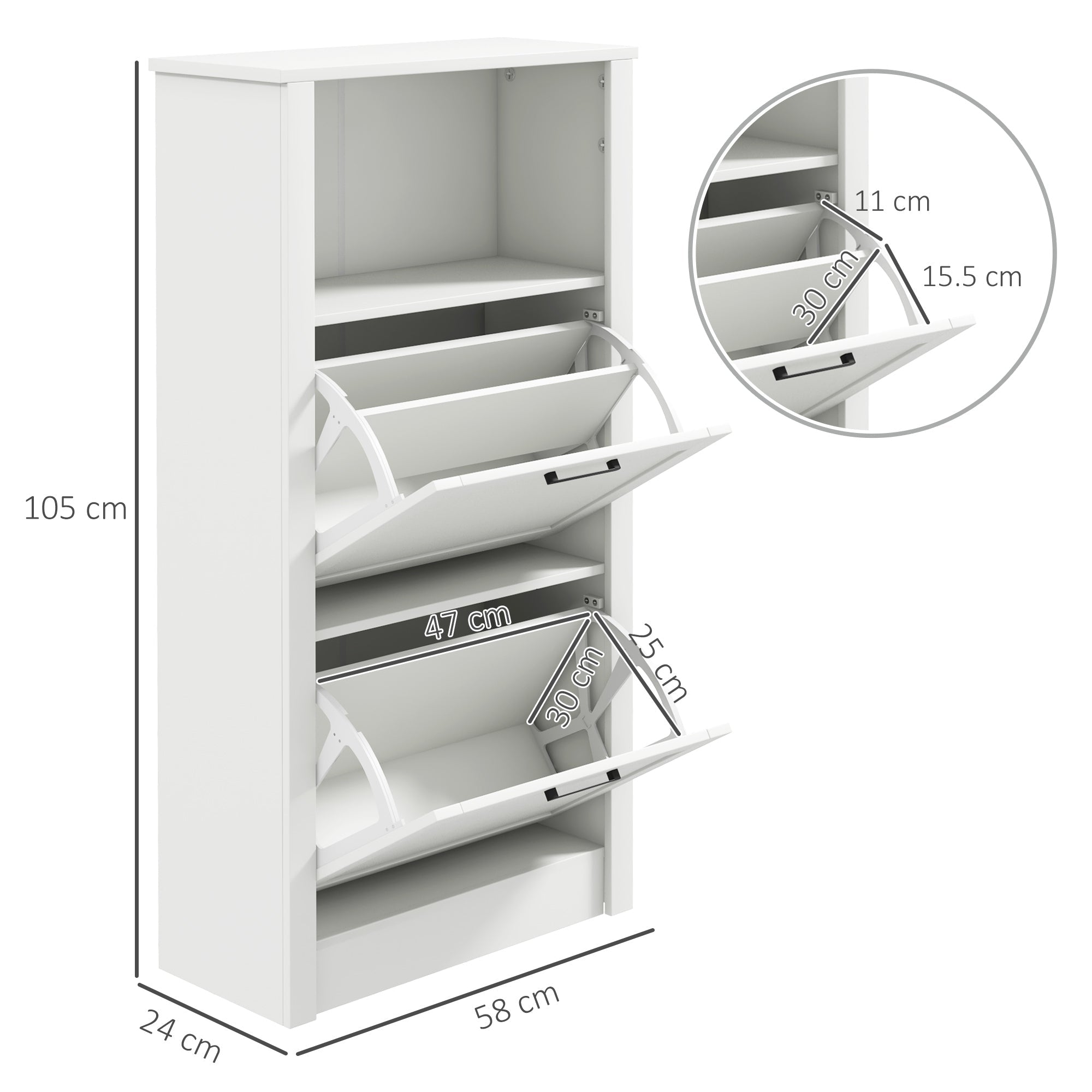 HOMCOM Modern Shoe Cabinet with 2 Flip Drawers and Adjustable Shelves, Narrow Shoe Storage Cabinet with Open Compartment, Holds 10 Pairs for Entryway, Hallway, White