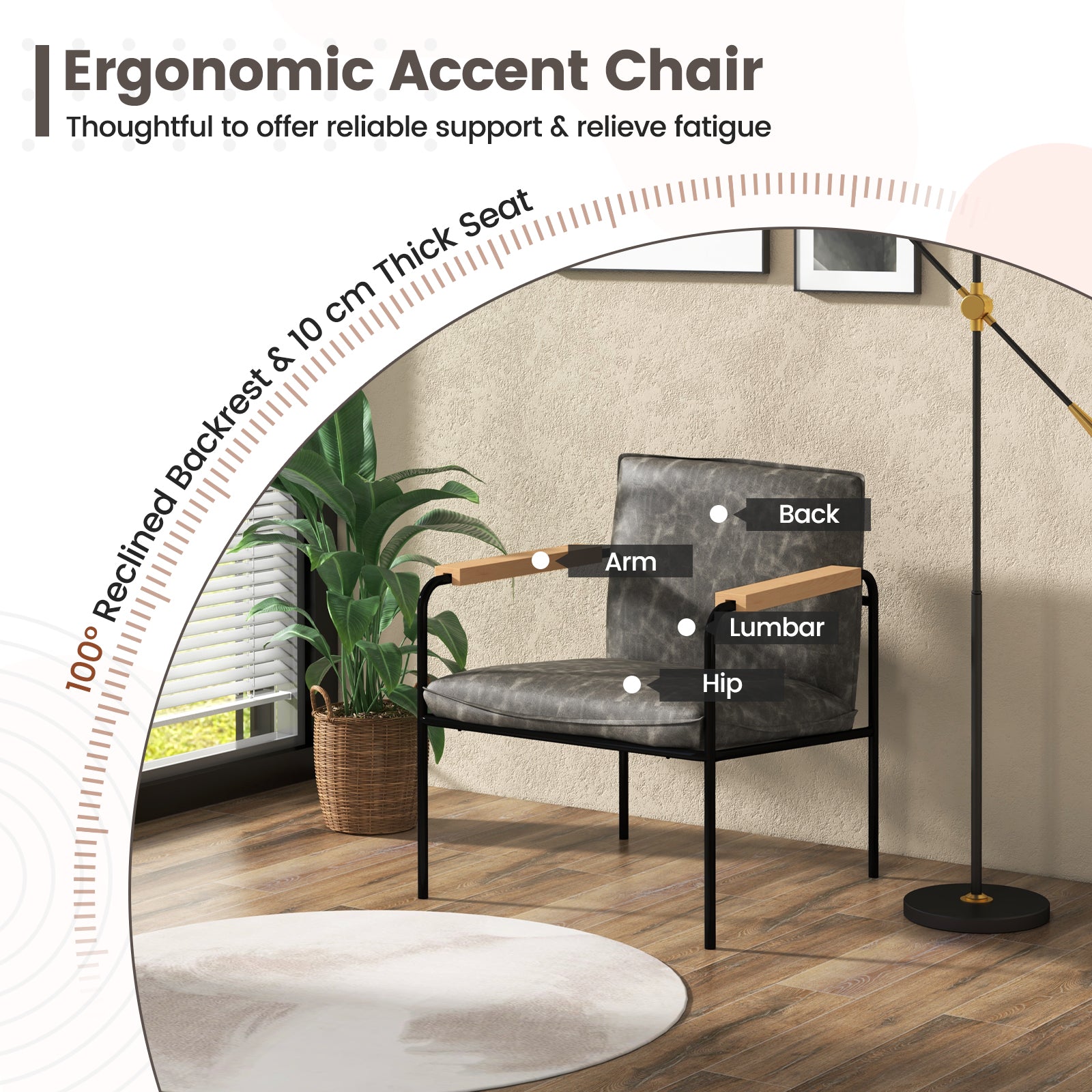 PU Leather Accent Chair with Armrests Backrest and Seat Cushion-Grey