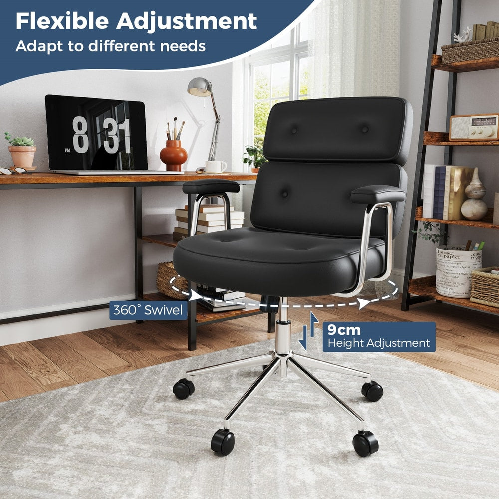 This black office chair with button tufted back offers flexible adjustment for comfort