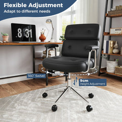 This black office chair with button tufted back offers flexible adjustment for comfort