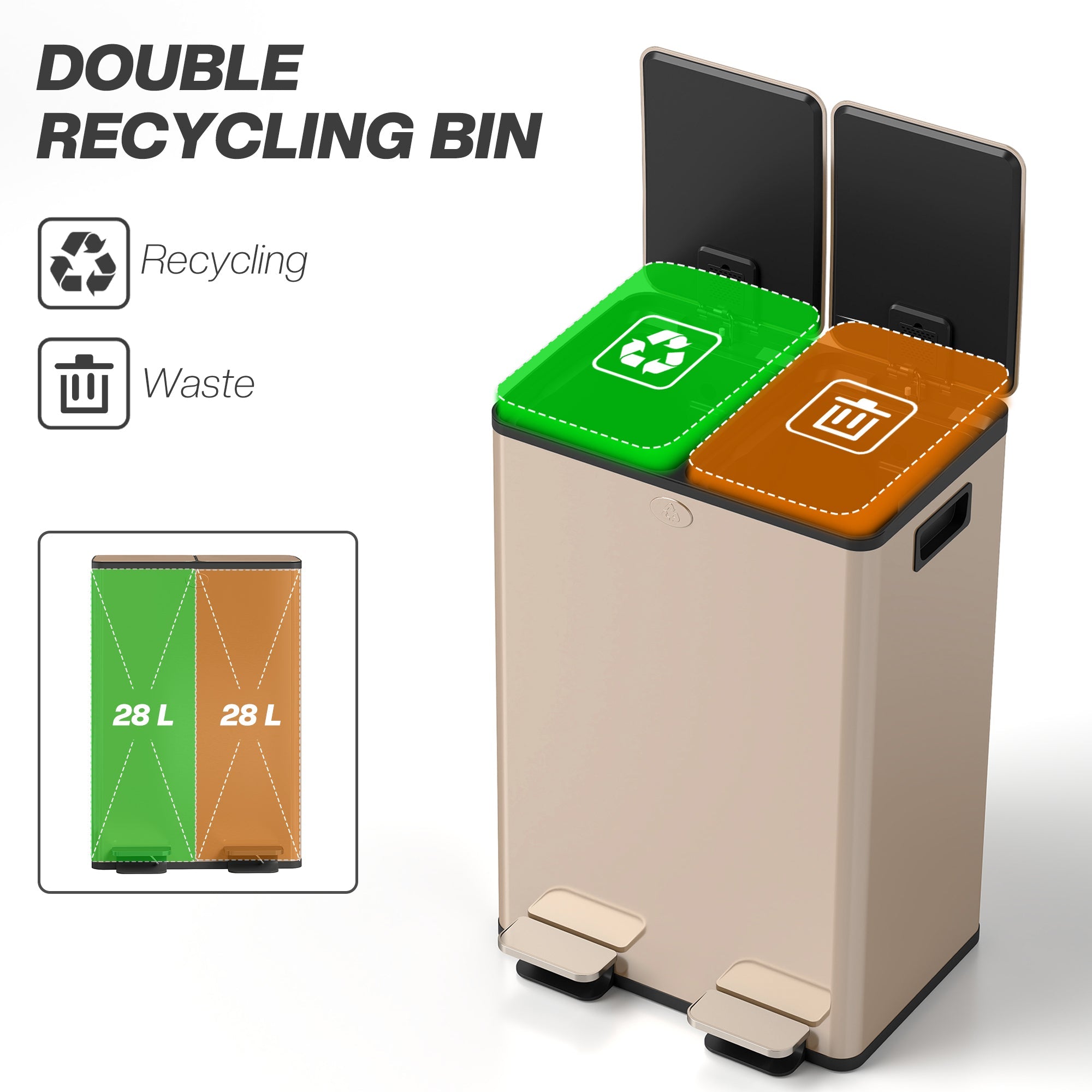 HOMCOM 56L Dual Compartment Stainless Steel Bin, with Deodoriser Holders - Gold Tone