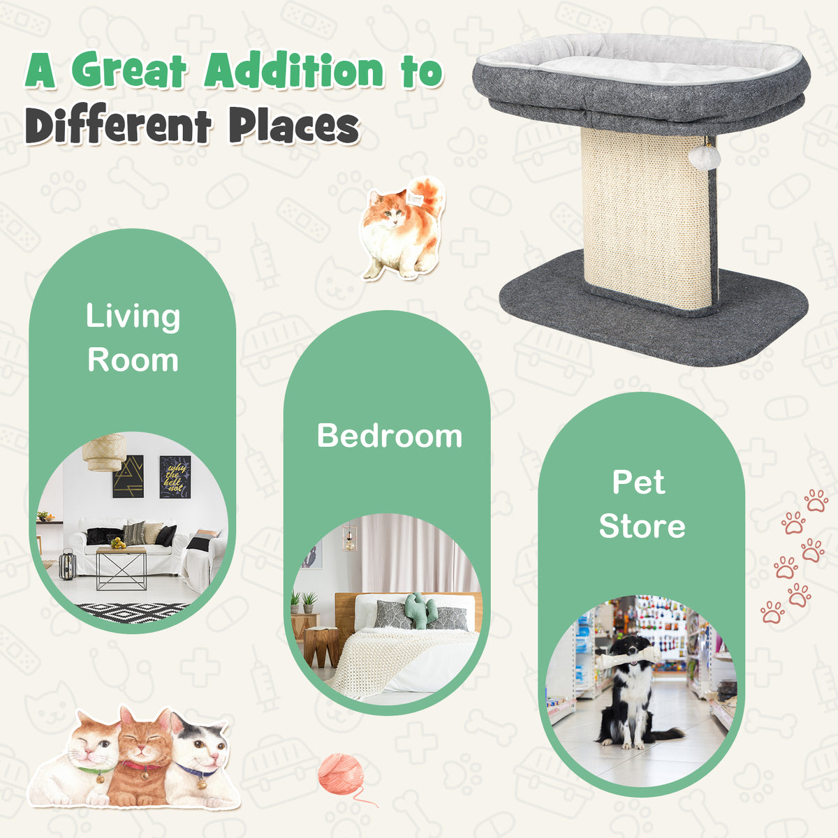 2-Tier Cat Tree with Sleeping Perch Sisal Scratching Plate and Ball-Grey