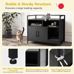 Wooden Cat Litter Box Enclosure with Compartments and Scratching Board-Black