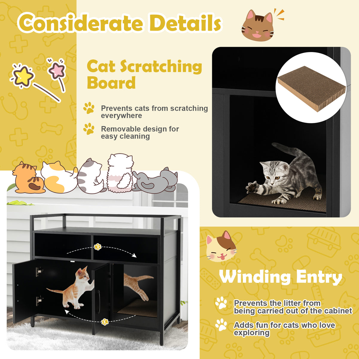 Wooden Cat Litter Box Enclosure with Compartments and Scratching Board-Black
