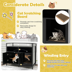 Wooden Cat Litter Box Enclosure with Compartments and Scratching Board-Black