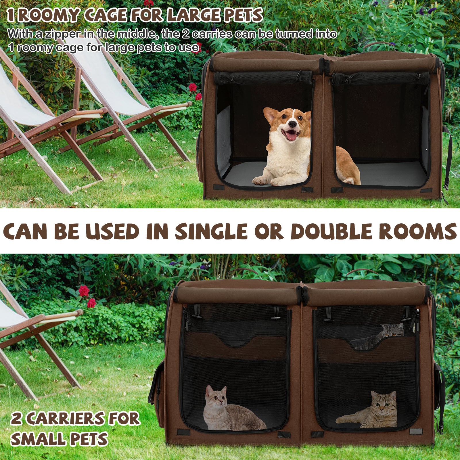 2 Compartments Pet Travel Carriers with Removable Hammocks and Mats-Brown