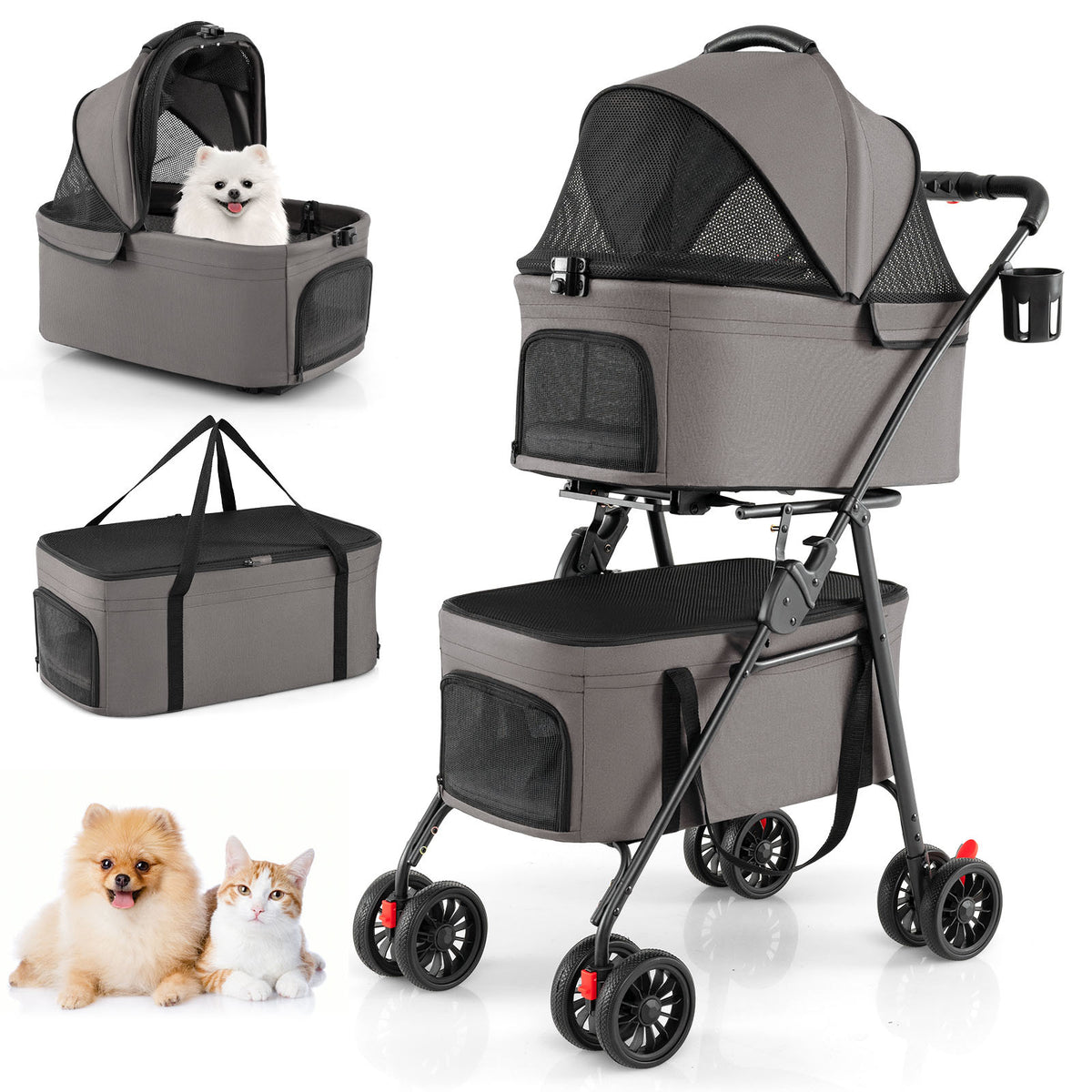 Double Pet Stroller 3 in 1 Foldable with 2 Detachable Carriers Car Seats-Grey