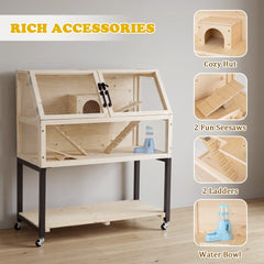 2-Tier Small Animal Habitat with Acrylic Windows Lockable Casters and Storage Shelf-Natrual
