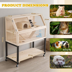 2-Tier Small Animal Habitat with Acrylic Windows Lockable Casters and Storage Shelf-Natrual