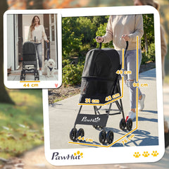 PawHut Dog Stroller, Foldable Cat Dog Pram for Miniature Breeds, Pet Stroller with Brake, Mesh Windows, Black