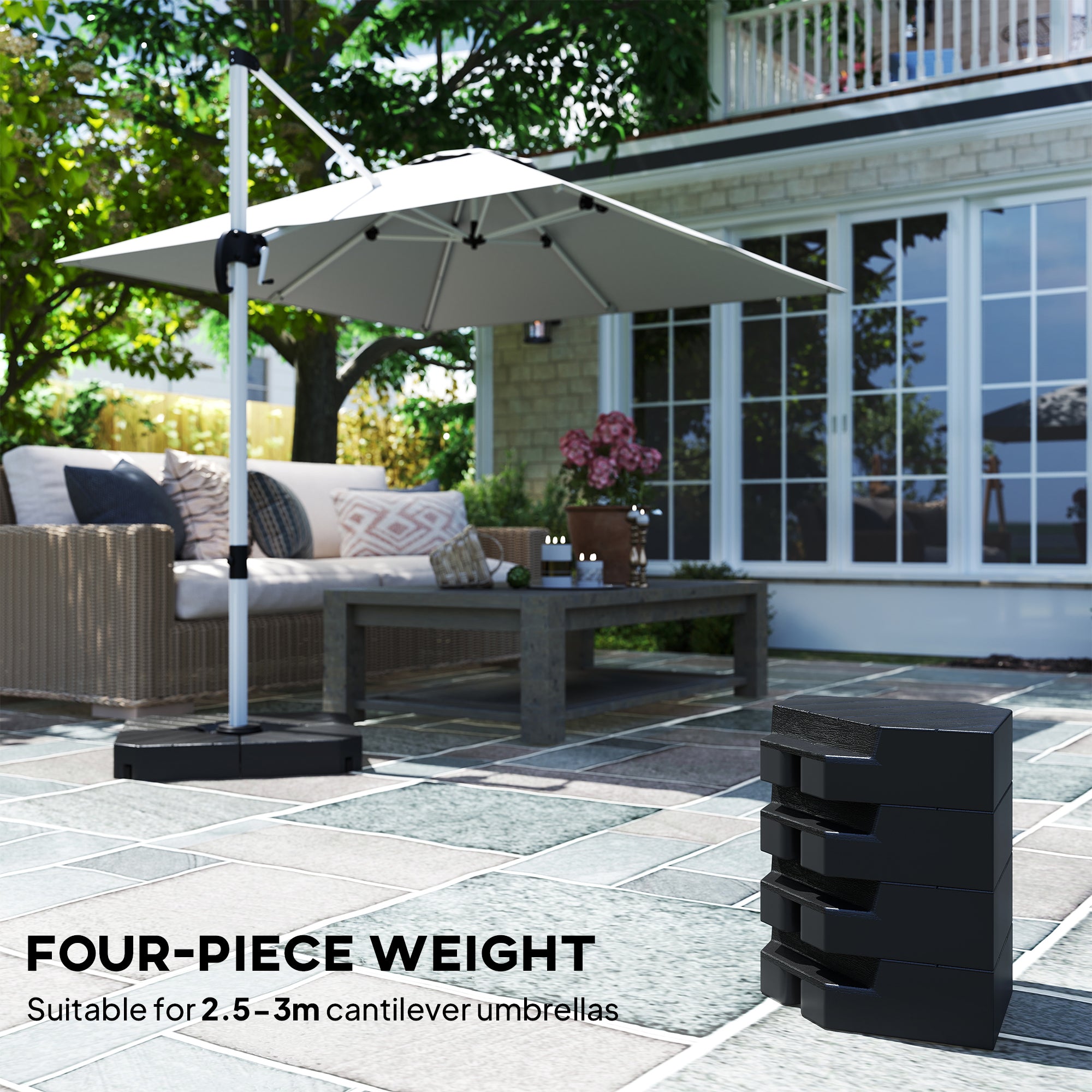 Outsunny Umbrella Weights for Cantilever Parasols, Set of 4 Heavy Duty Parasol Base Stand Weights, 80kg Sand or 60kg Water Filled, Black