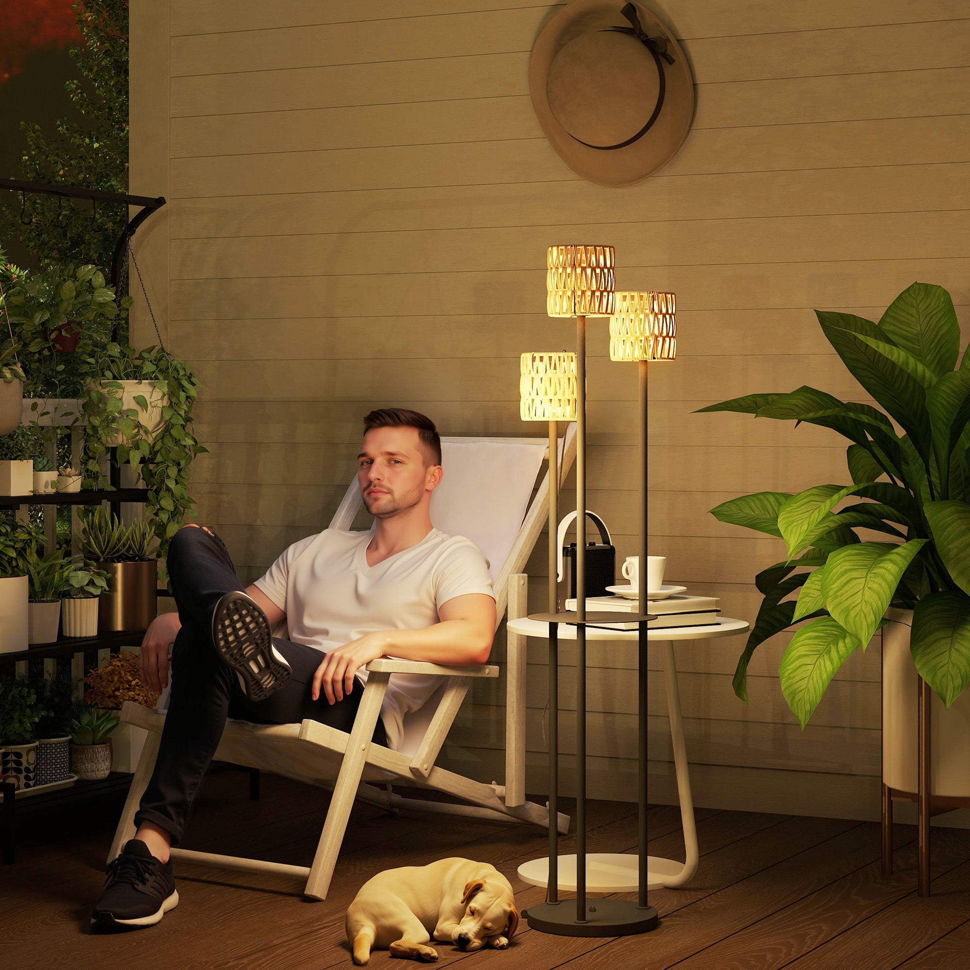 Outsunny Boho Rattan Floor Lamp, 3-Lights Rattan Lamp with Shelf, Freestanding Solar Garden Light with Auto On/Off Lights, IP44 Waterproof for Porch, Pathway, Deck, Yellow