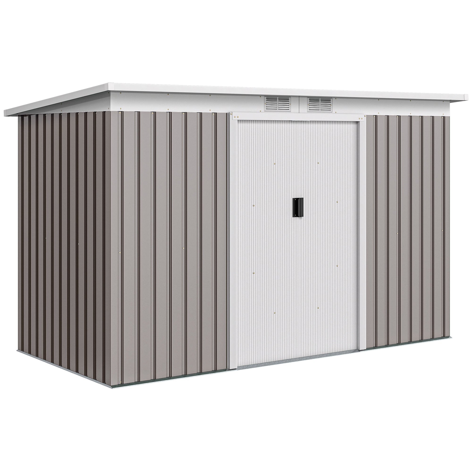 Outsunny Corrugated Garden Shed 9 x 4 Ventilated Lockable Tool Shed for Outdoor Equipment, Light Grey