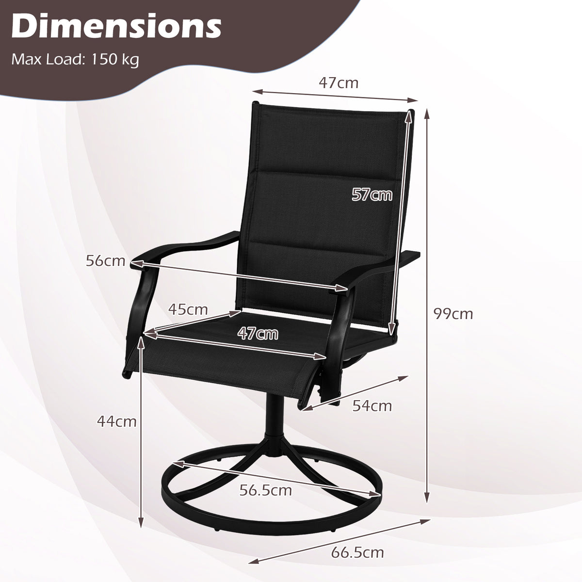 Padded Patio Swivel Chairs Set of 2 Ergonomic Outdoor Dining Chairs with Breathable Fabric High Back-Black