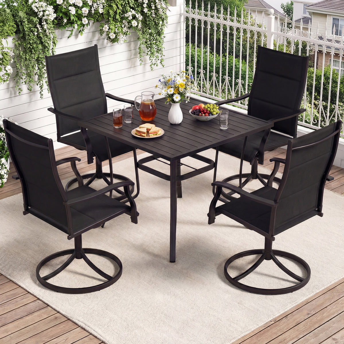 Padded Patio Swivel Chairs Set of 2 Ergonomic Outdoor Dining Chairs with Breathable Fabric High Back-Black