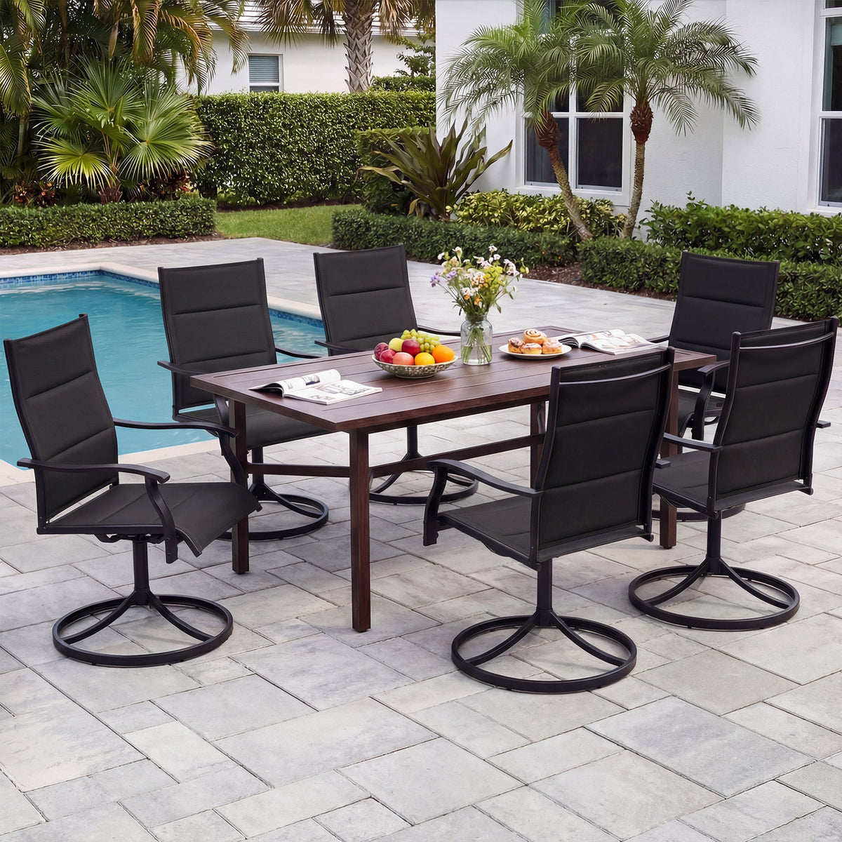 Padded Patio Swivel Chairs Set of 2 Ergonomic Outdoor Dining Chairs with Breathable Fabric High Back-Black