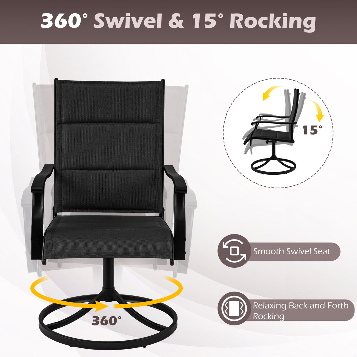 Padded Patio Swivel Chairs Set of 2 Ergonomic Outdoor Dining Chairs with Breathable Fabric High Back-Black