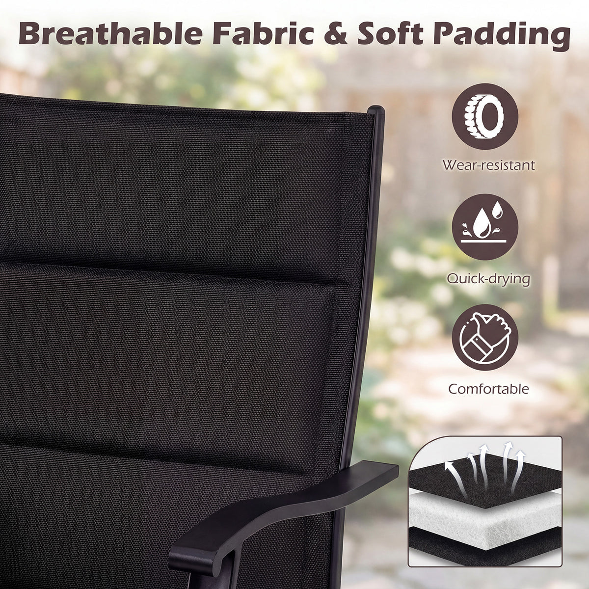 Padded Patio Swivel Chairs Set of 2 Ergonomic Outdoor Dining Chairs with Breathable Fabric High Back-Black
